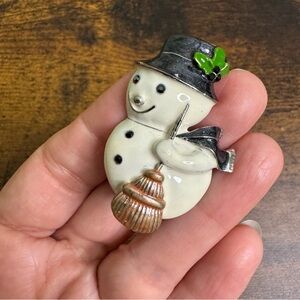 Snowman Brooch with Broom and Hat Enamel Metal
